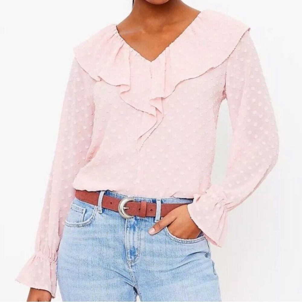 Loft Pink Swiss Dot Ruffle V-Neck Blouse | Size XSP